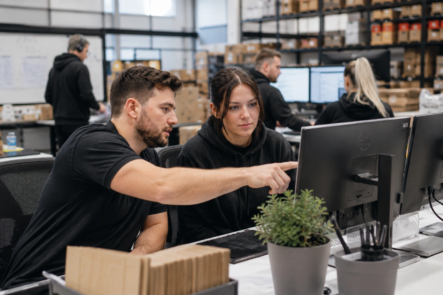 Two Vape and Go team members checking an order together at a workstation